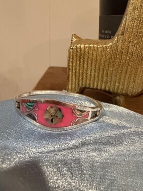 925 Silver & Pink Inlay Floral Bangle Bracelet - toddler keepsake